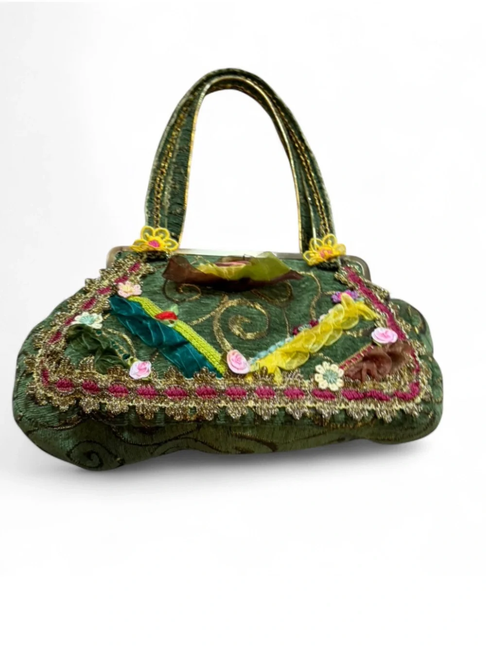 Vintage‎ Inspired Green Floral Tapestry Embellished Handbag